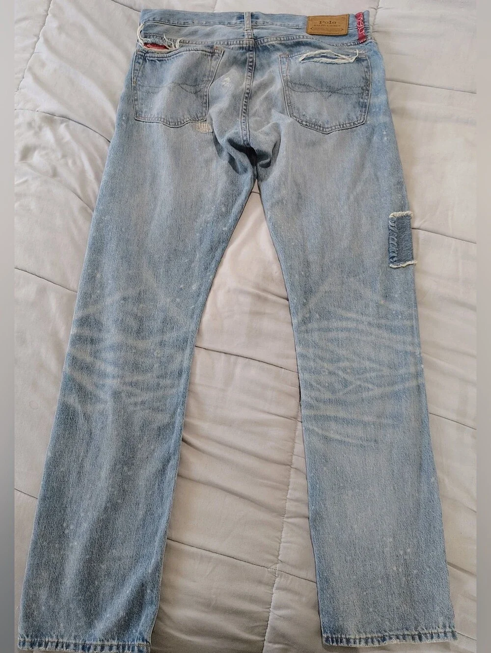 Polo Ralph Lauren Varick Slim 32x32 Distressed Patchwork Light Wash Jeans